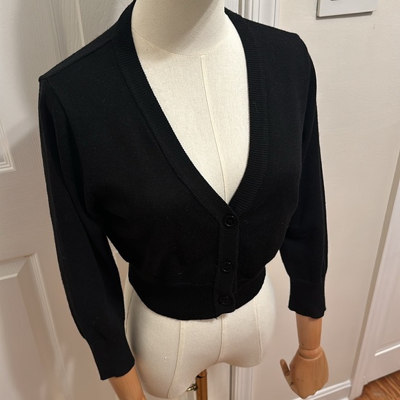 Black 3/4 three quarter sleeve button cardigan - Picture 3 of 8